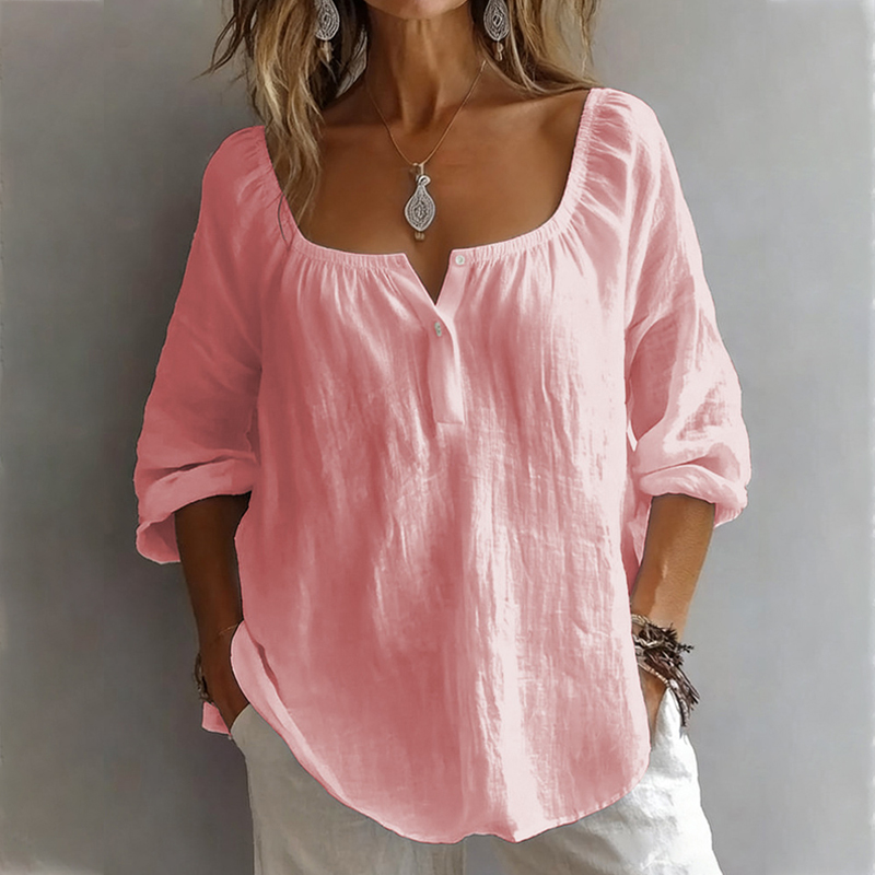 Casual Button V-Neck Solid Color Pullover Top Long Sleeve Loose Shirt