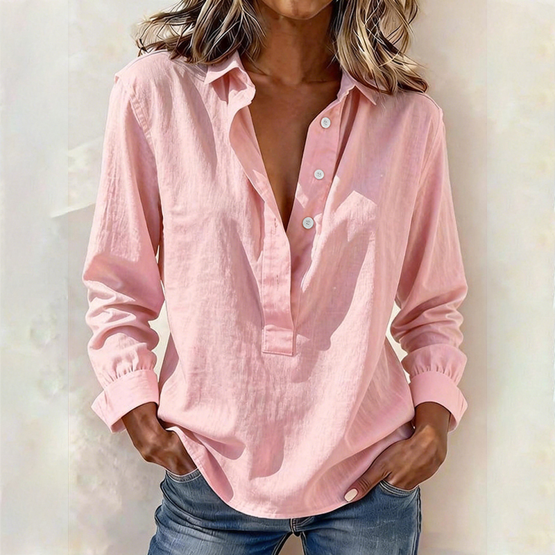 Trendy Lapel V-Neck Solid Color Pullover Top Long Sleeve Loose Shirt