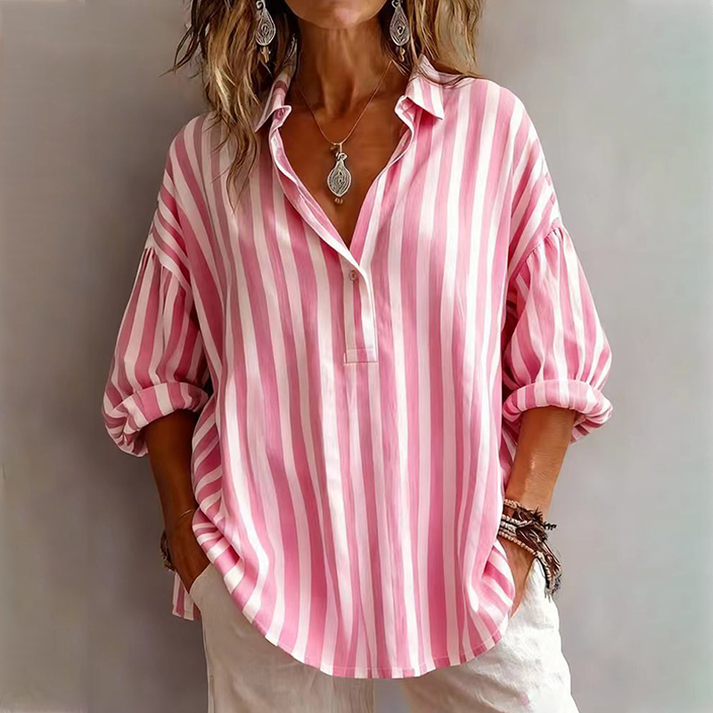 Fashion Stripes Lapel V-Neck Pullover Casual Long Sleeve Loose Shirt