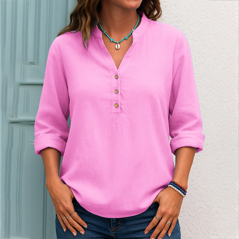 Casual Button V-neck Solid Color Pullover Top Long Sleeve Loose Shirt