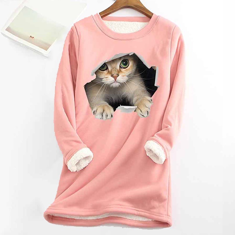 Cat Printed Thickened Fleece Warm Autumn and Winter Sweatshirt