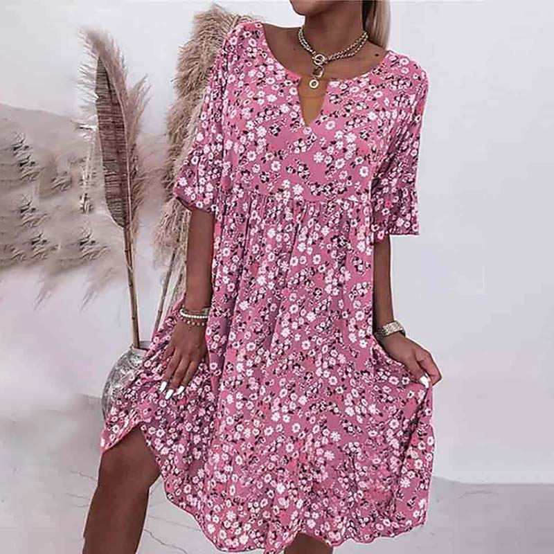 Fashionable Floral Printed V-neck Half Sleeve A-line Dress