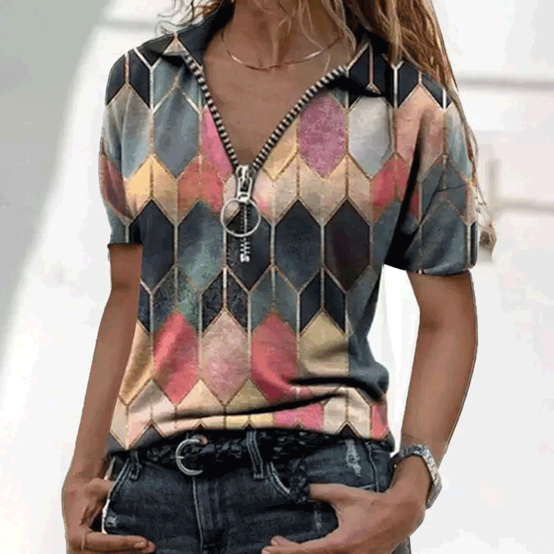 V-neck Printed Zipper Lapel Short-sleeved T-shirt