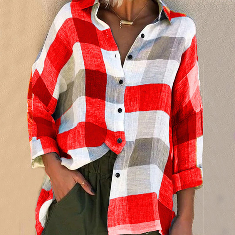 Lapel Plaid Printed Single-breasted Long Sleeve Loose Blouse
