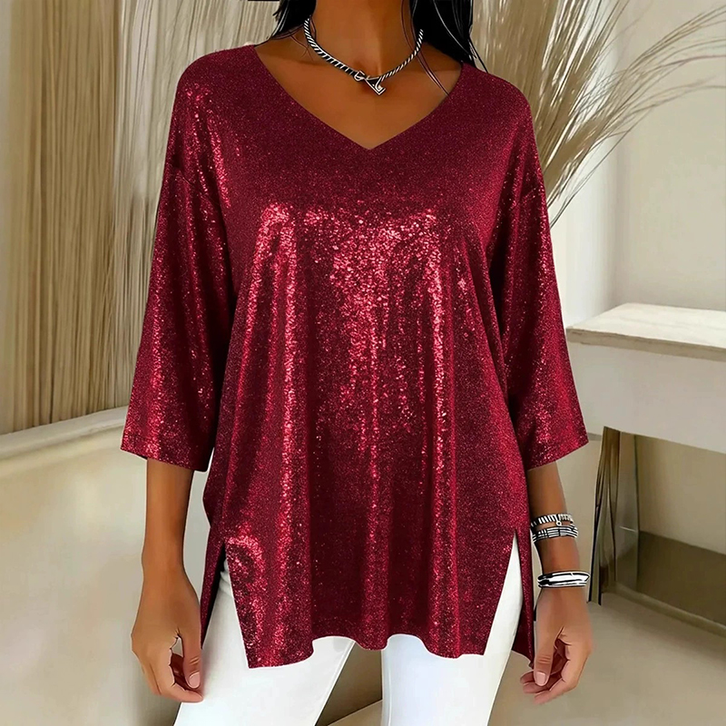 Trendy V-Neck Three-Quarter Sleeve Side Slit Top Loose Printed T-shirt