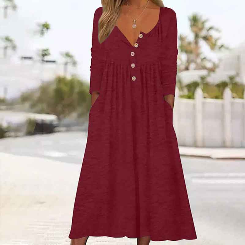 Solid Color Button V-neck Long Sleeve Pockets Autumn Winter Dress