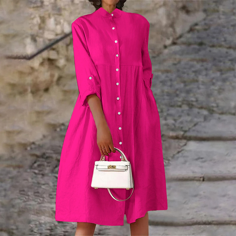 Elegant Single-breasted Cotton Linen Long Sleeve Pockets Maxi Dress