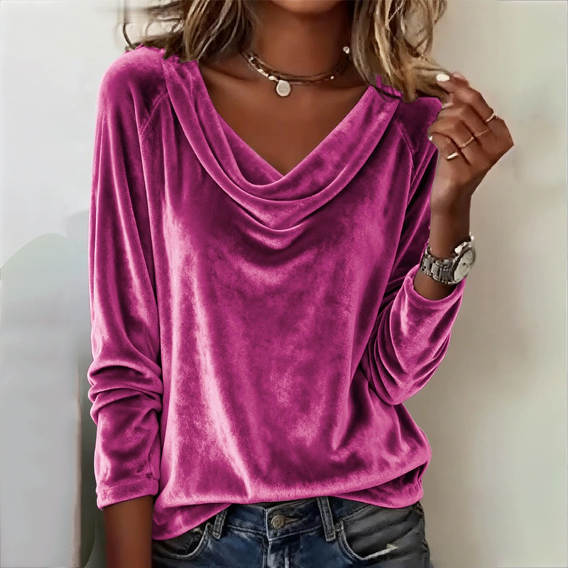 Elegant Velvet Boat Collar Long Sleeve Top Loose Stack Collar T-shirt