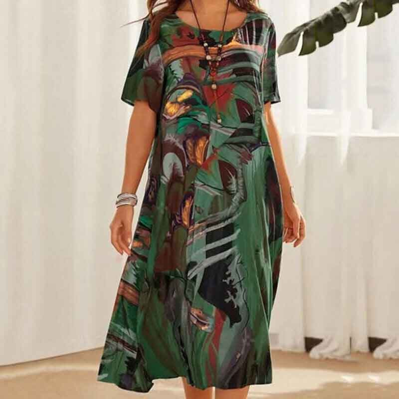 Fashion Print Short Sleeve Loose Beach Dress