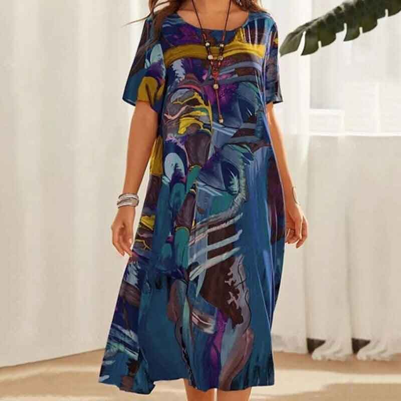 Fashion Print Short Sleeve Loose Beach Dress