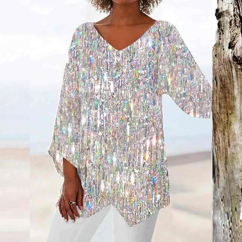 Multicolor Printed V Neck Irregular Hem Loose Blouse