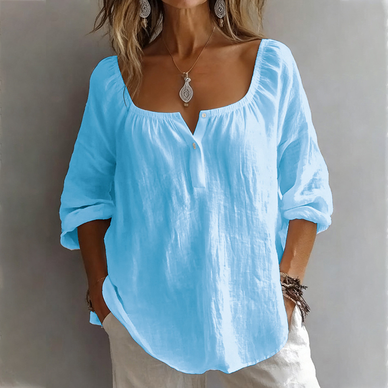 Casual Button V-Neck Solid Color Pullover Top Long Sleeve Loose Shirt