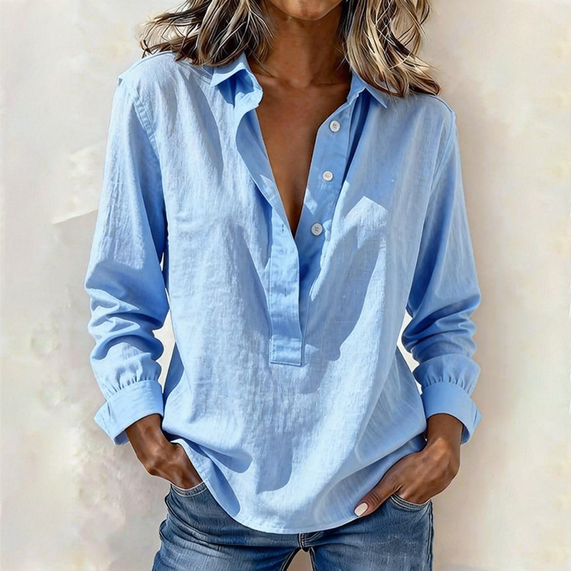 Trendy Lapel V-Neck Solid Color Pullover Top Long Sleeve Loose Shirt