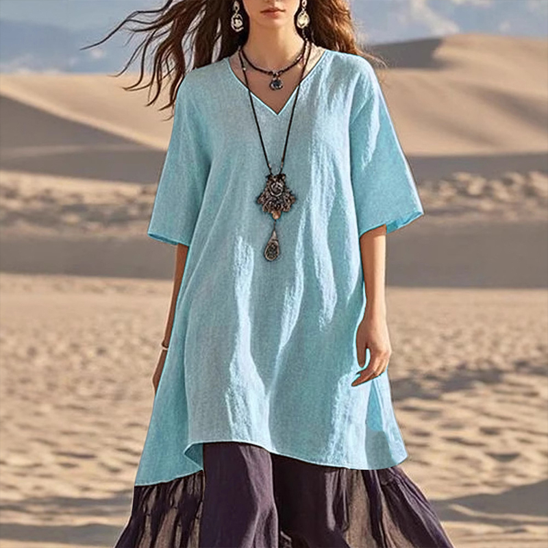 Trendy Color-Blocked V-Neck Half Sleeve A-Line Maxi Beach Dress