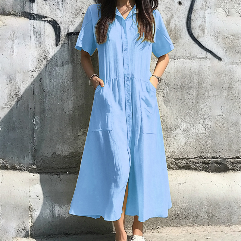 Elegant Lapel Single-breasted Short Sleeve Pockets Cardigan Shirt Dress