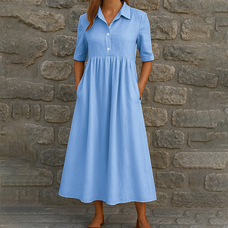 Elegant Lapel V-neck Half Sleeve Pockets A-line Maxi Dress