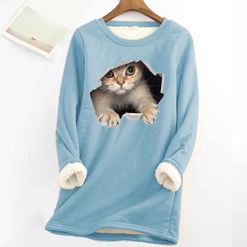 Cat Printed Thickened Fleece Warm Autumn and Winter Sweatshirt