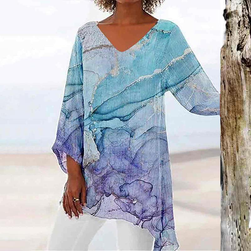 Multicolor Printed V Neck Irregular Hem Loose Blouse