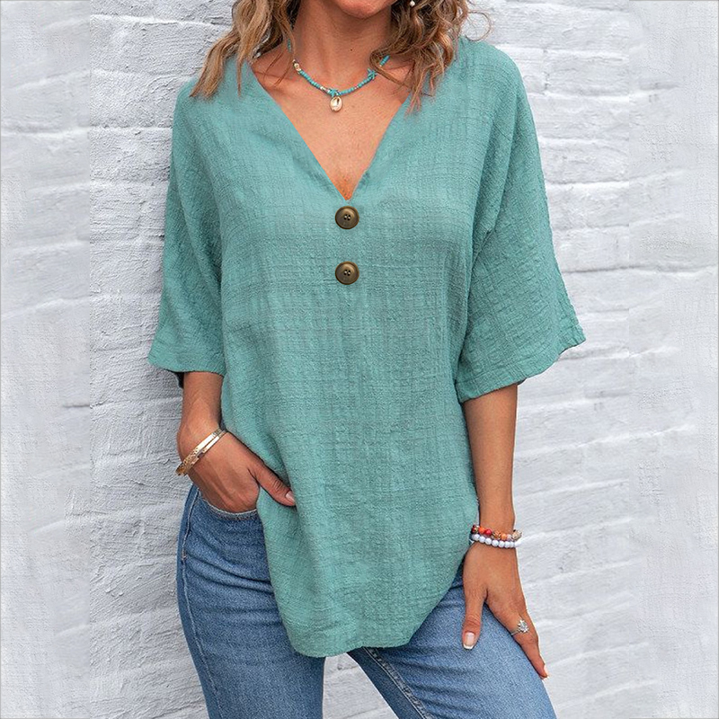 Casual Button V-neck Solid Color Pullover Top Short Sleeve Loose Shirt