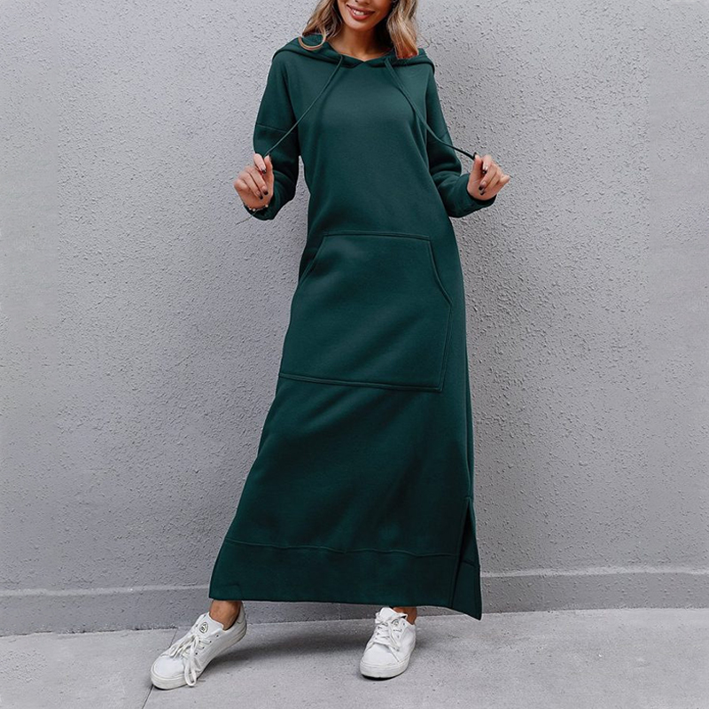 Hooded Fleece Thickened Sweater Dress Large Pocket Autumn Winter Dress
