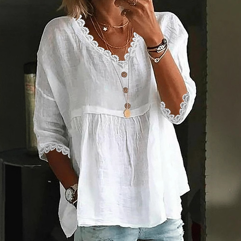 Fashion Lace V-Neck Pullover Top Three-Quarter Sleeve Casual Shirt