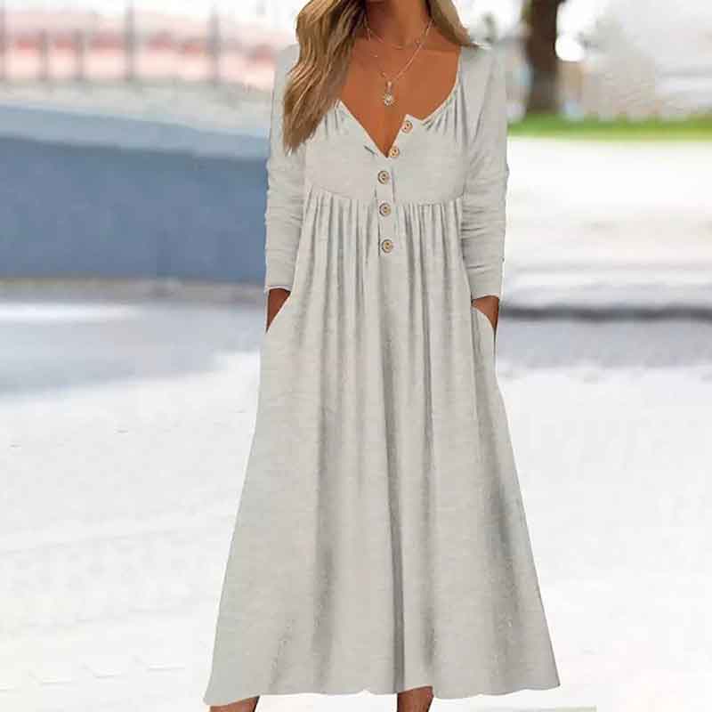 Solid Color Button V-neck Long Sleeve Pockets Autumn Winter Dress
