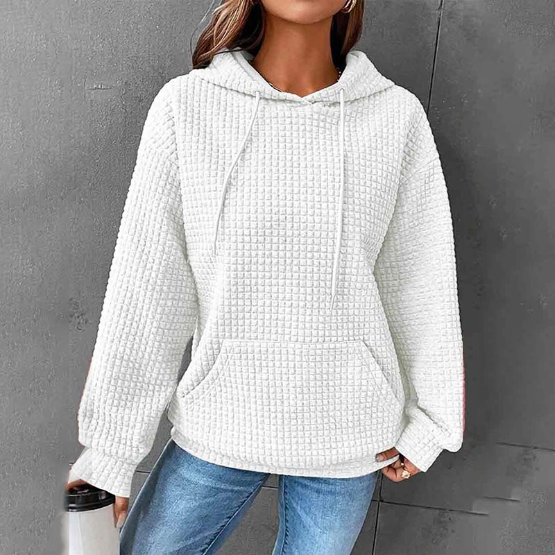 Solid Color Waffle Long Sleeve Pocket Hooded Sweatshirt