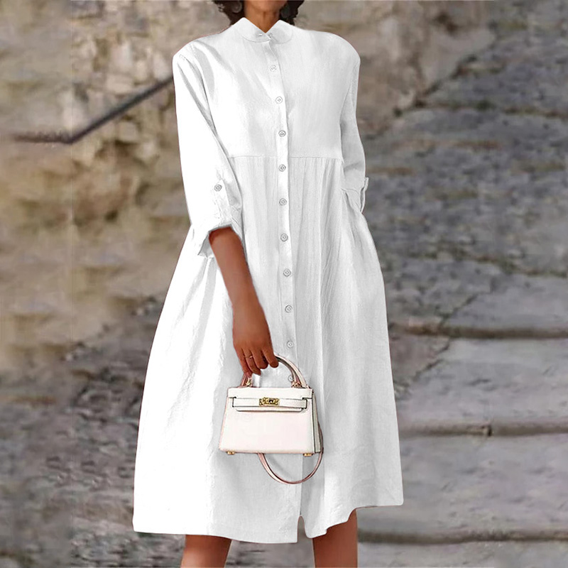 Elegant Single-breasted Cotton Linen Long Sleeve Pockets Maxi Dress