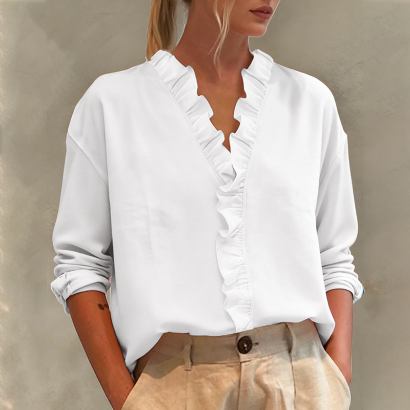 Trendy Ruffles V-Neck Pullover Top Long Sleeve Casual Loose Shirt