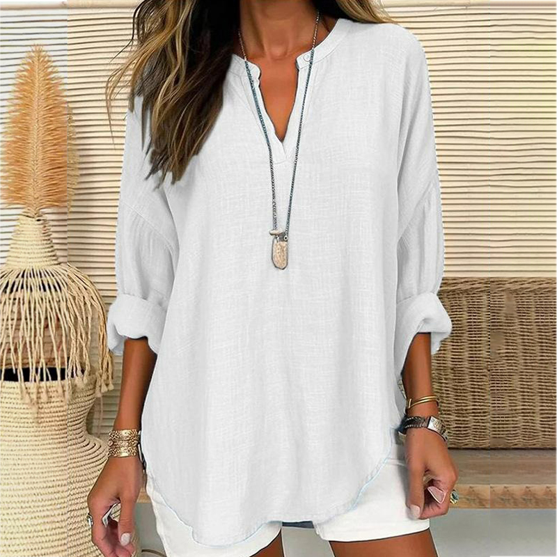 Trendy V-Neck Solid Color Pullover Top Casual Long Sleeve Loose Shirt