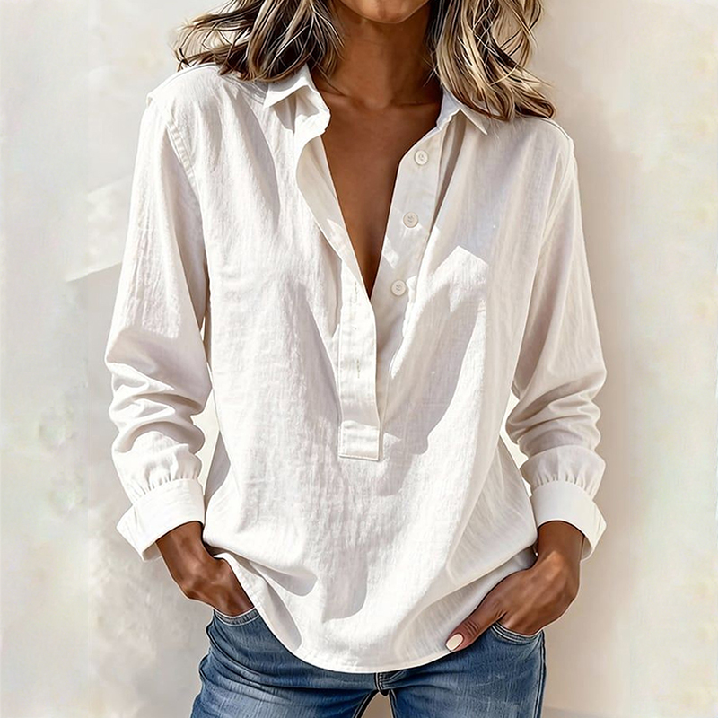 Trendy Lapel V-Neck Solid Color Pullover Top Long Sleeve Loose Shirt