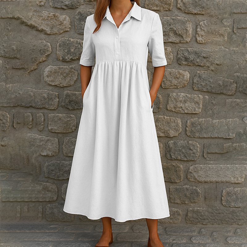 Elegant Lapel V-neck Half Sleeve Pockets A-line Maxi Dress