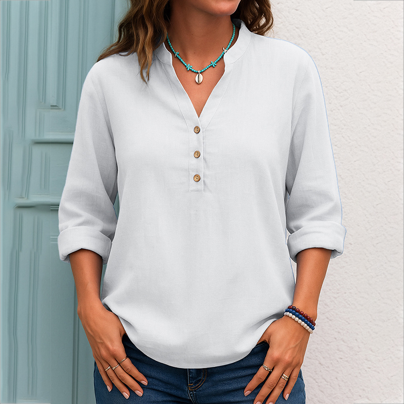 Casual Button V-neck Solid Color Pullover Top Long Sleeve Loose Shirt