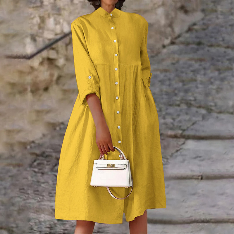 Elegant Single-breasted Cotton Linen Long Sleeve Pockets Maxi Dress