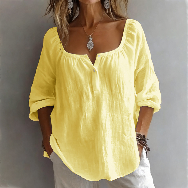 Casual Button V-Neck Solid Color Pullover Top Long Sleeve Loose Shirt