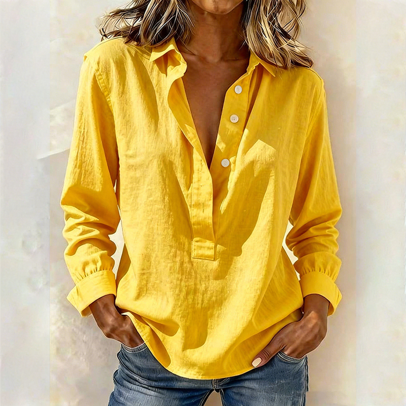 Trendy Lapel V-Neck Solid Color Pullover Top Long Sleeve Loose Shirt