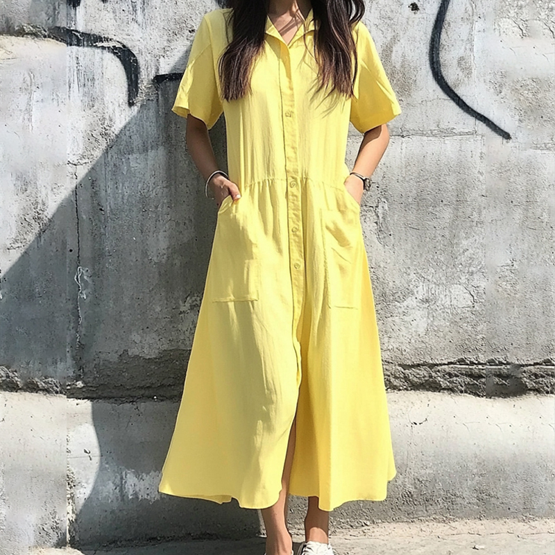 Elegant Lapel Single-breasted Short Sleeve Pockets Cardigan Shirt Dress