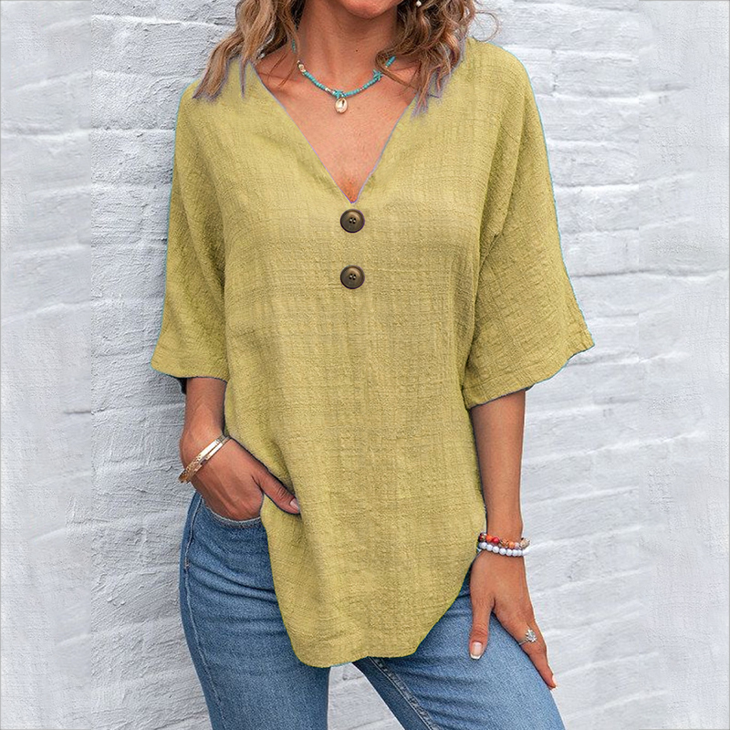 Casual Button V-neck Solid Color Pullover Top Short Sleeve Loose Shirt