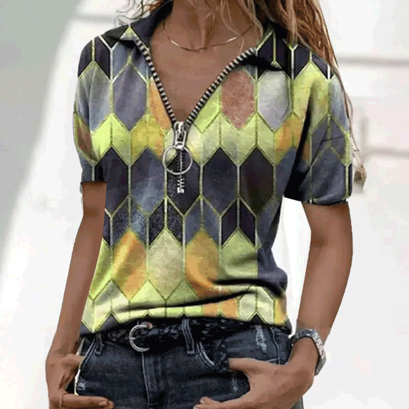V-neck Printed Zipper Lapel Short-sleeved T-shirt
