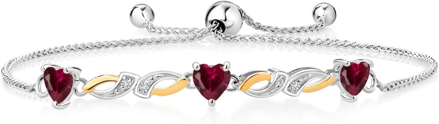 925 Sterling Silver and 10K Yellow Gold Red Created Ruby and White G-H Lab Grown Diamond Heart Shape Tennis Bracelet For Women (1.83 Cttw, Fully Adjustable Up to 9 Inch)