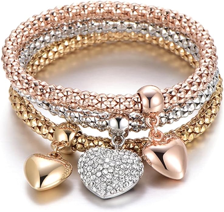Crystal Charms Multilayer Bracelets - 3PCS Gold/Silver/Rose Gold Corn Chain Bracelet for Women, Tree of Life Heart Shaped Stretch Bracelet