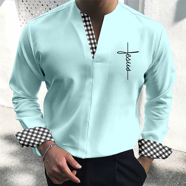 Men's Plaid Pattern Shirt V Neck Long Sleeve