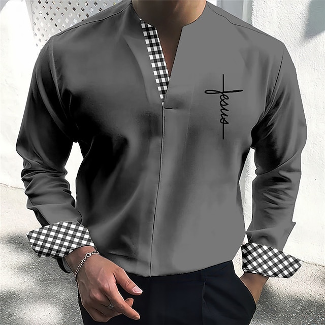 Men's Plaid Pattern Shirt V Neck Long Sleeve