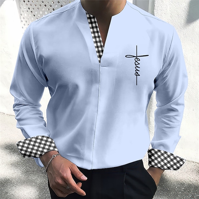 Men's Plaid Pattern Shirt V Neck Long Sleeve