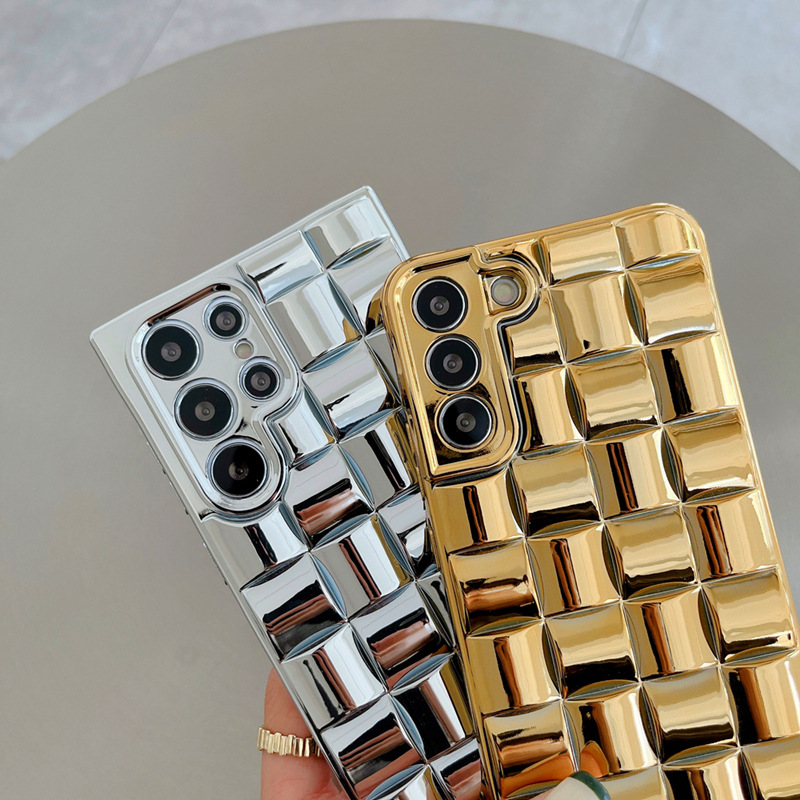 Tinka Samsung S24 23 22 21 serijos prabangiems auksu ir sidabru dengtiems 3D atspindintiems mobiliojo telefono dėkliams
