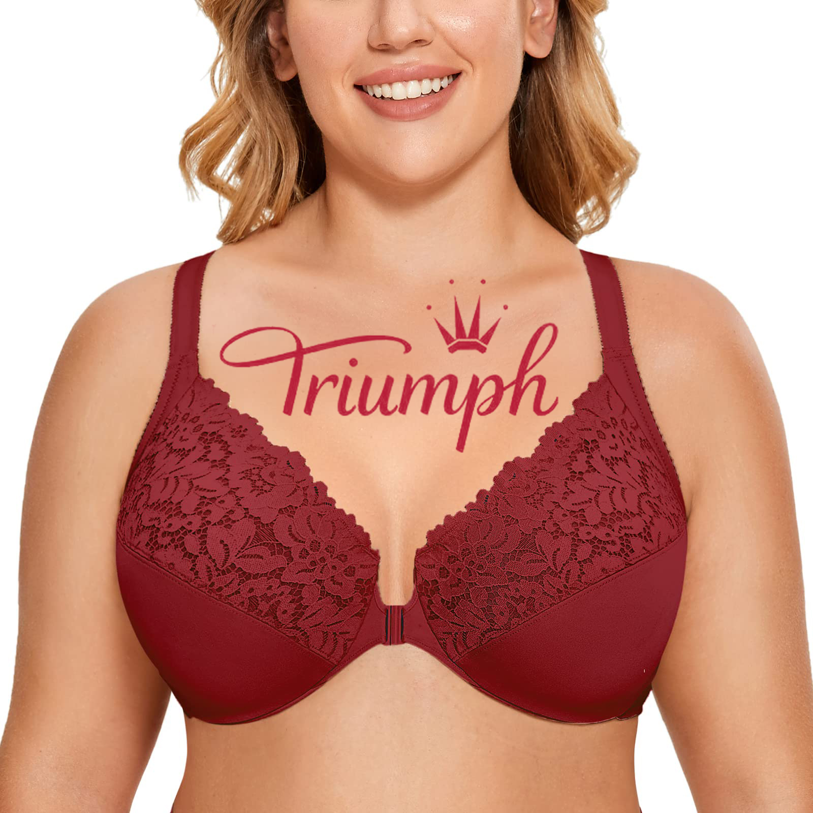 Triumph - (3 sztuki) Biustonosz koronkowy w całości zakryty, zapinany z przodu