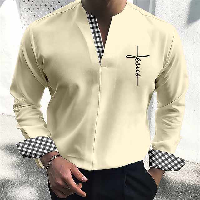 Men's Plaid Pattern Shirt V Neck Long Sleeve
