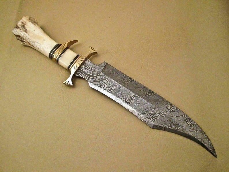 Nóż myśliwski Viking Damascus z rękojeścią z kości wielbłądziej