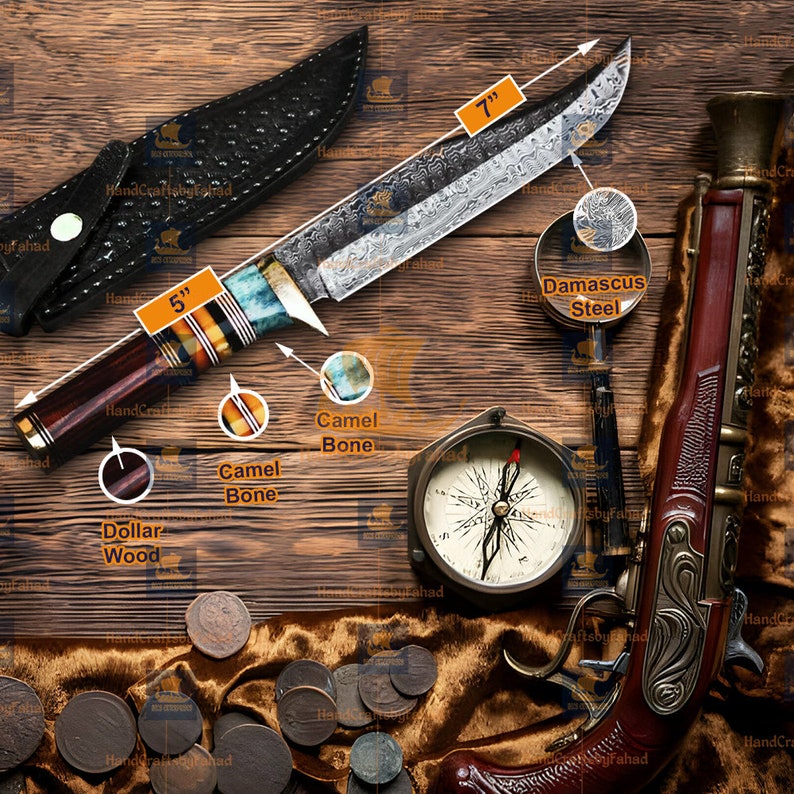Nóż myśliwski Viking Damascus z rękojeścią z kości wielbłądziej