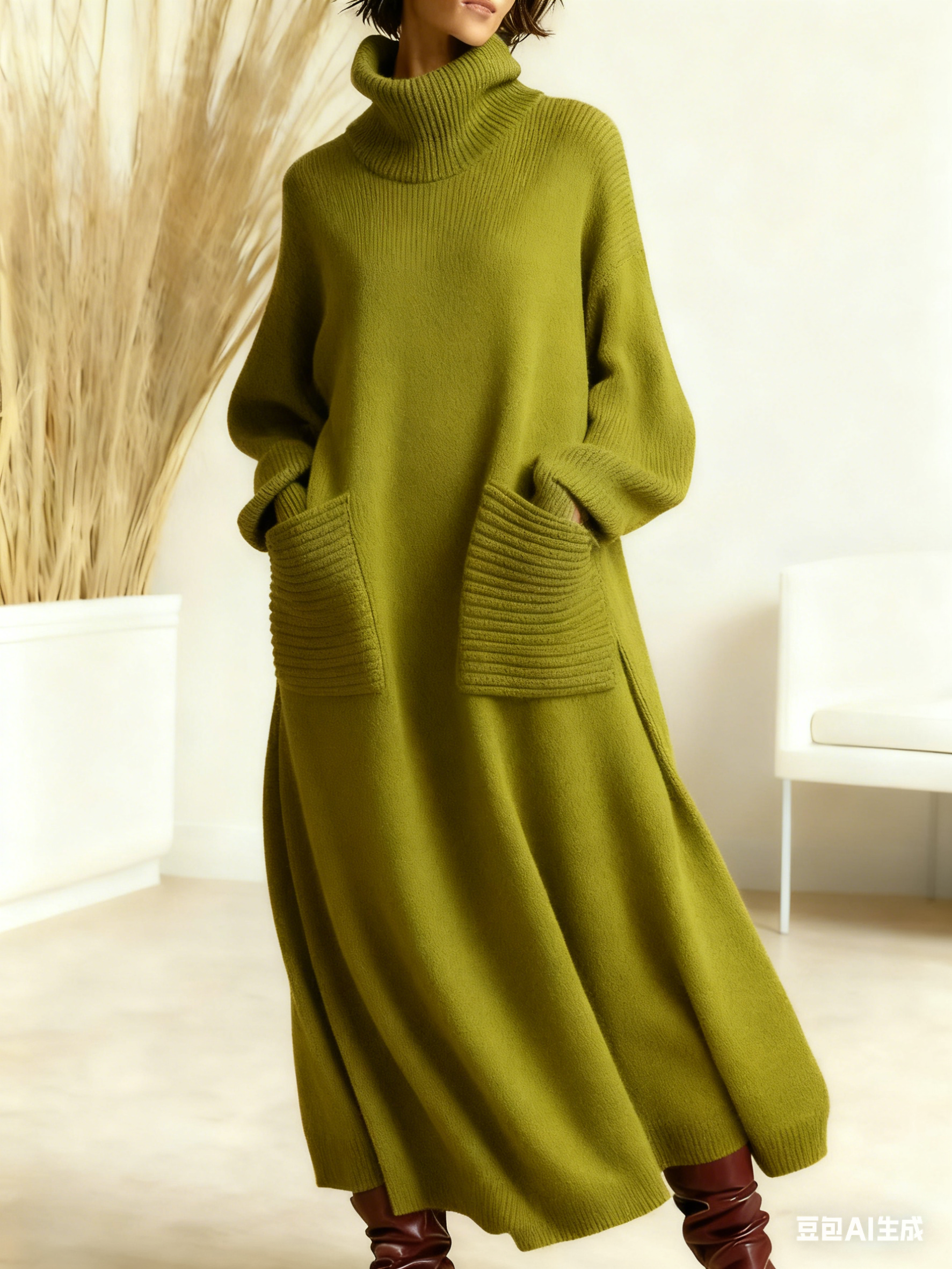 Women's Solid Color High-Neck Long-Sleeve Casual Loose Knit Dress